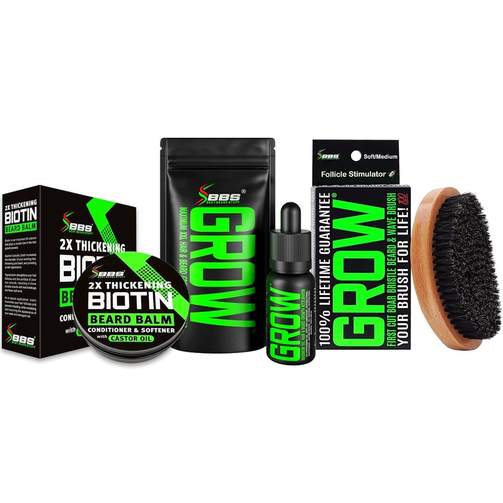 Habemekasvu komplekt w/GROW XXL habeõli/serum näo juuste kasvuks meestele + 100% eluaegne asendussigade harjas + 2X paksendav biotiin Mustache Wax & Balm meestele - Formuleeritud Ameerikas