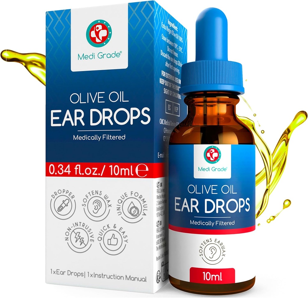 Medi Hinne Oliiviõli Kõrva tilgad vaha eemaldamiseks ja blokeeritud kõrvad, 10 ml - 100% looduslik kõrvavaha eemaldamine tilgad Pipette Dropper Softens ja eemaldab Hardened Earwax Buildup - Advanced Earwax tilgad