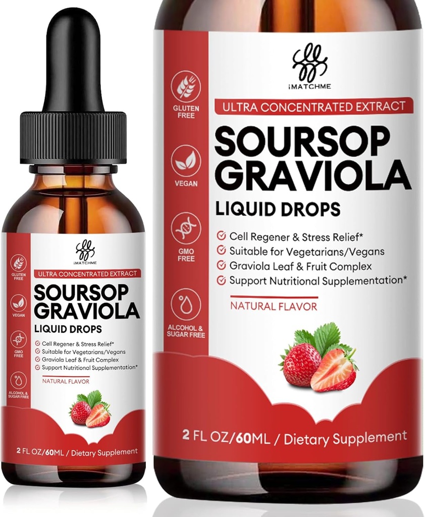 iMATCHME Soursop Graviola Vedel tilk, Soursop Bitters Vedelik, Natural Soursop lehed ja puuviljakompleks üldiseks heaoluks, suhkur / kofeiin / gluteenivaba, maasikamaitse, 2 Fl Oz