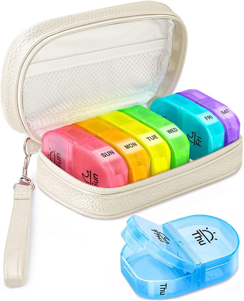 Cute Pill Organizer 2 korda päevas, PU nahapillide juhtum naistele, kaasaskantav iganädalane pillide karp rahakotiga ladustamise kotti, et hoida vitamiine, ravimeid, kalaõlisid, toidulisandeid (Beež)
