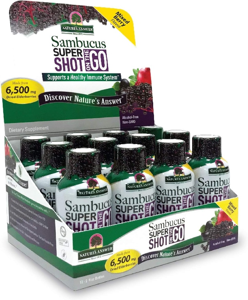 Nature's Answer Sambucus Immune Travel Shot (12 Pack) Elderberry on The Go. 2oz. Alkoholivaba mitte-GMO Sambucus Black Elderberry Lennuk / Reisipilt