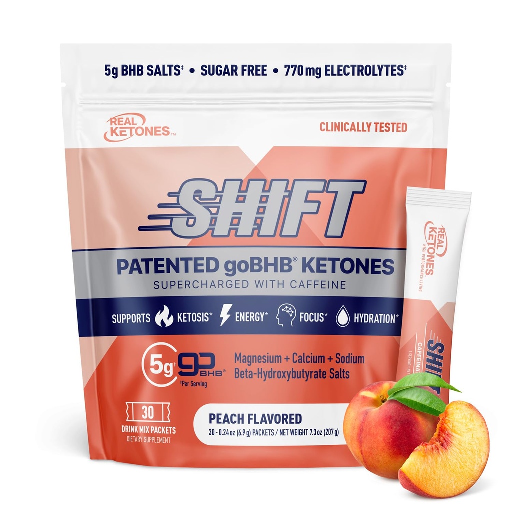 Real Ketones BHB Eksogeensed Ketoonid Jooge Segapakendid Keto Elektrolüüdid Pulberpakendid Ei Suhkur 4 peamist paadunud elektrolüüte Plus Hüdreerimine Patenteeritud Keto BHB - 30 Count virsikukofeiin