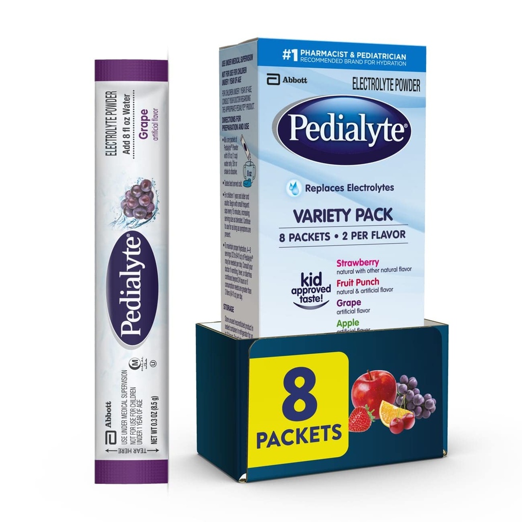 Pedialyte Electrolyte Powder | Hüdratsioonijook lastele ja täiskasvanutele | Sordipakend: viinamarjad, maasikasidimonaadid ja apelsin, 8 pulbripakki
