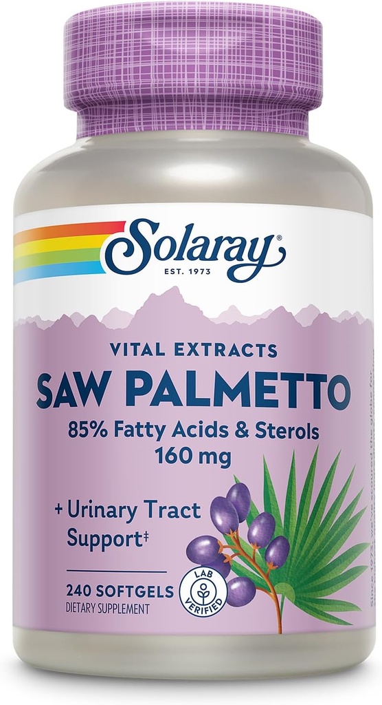 SOLARAY Saw Palmetto ekstrakt - eesnäärme tervise ja kuseteede tugi - 136 mg rasvhappeid ja steroolid - Lab Kinnitatud, 60-päevane raha-tagasi garantii (240 Servings, 240 Softgels)