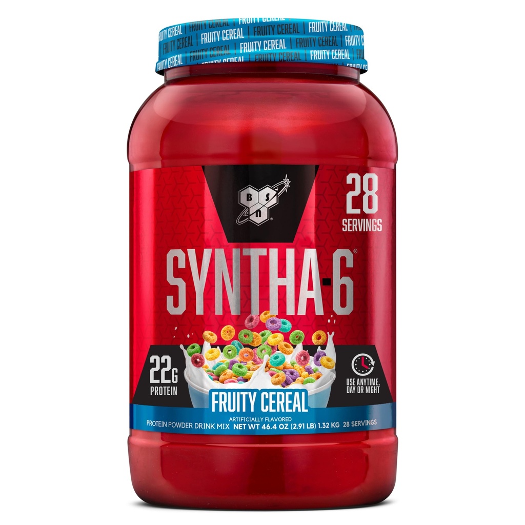 BSN SYNTHA-6 Premium-valgupulber 6 g kiudaine, vadakuvalgu, micellar-kaseiini, piimavalgu isolaadisegu, 5 g rasva, puuviljateravilja, 28 serveerimisega (pakendamine võib varieeruda)