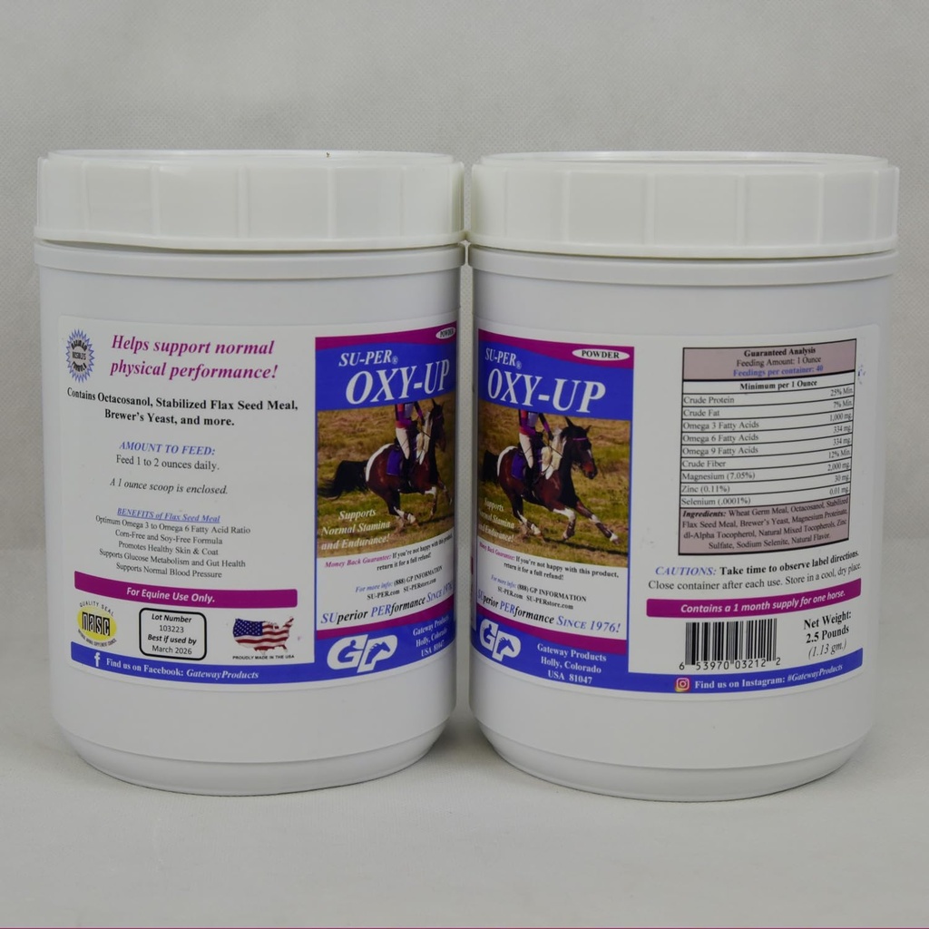 SU-PER Oxy-Up Performance Horse Supplement - toetab normaalset vastupidavust ja vastupidavust - Nisuidude ekstrakt, B-kompleksi vitamiinid, magneesium - 2,5 naela, (2 pakendit)