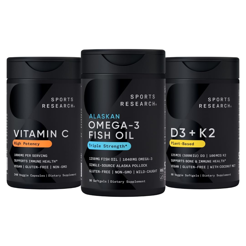 Sport Research 1250 mg Omega 3 haputu kalaõli - Wild Alaskan Pollock - (90 Count), kõrge potentsi Vegan Vitamiin C 1000mg (240 Count) + Vegan 5000iu Vitamiin D 100mcg Mk7 Vitamiin K (60 Count)