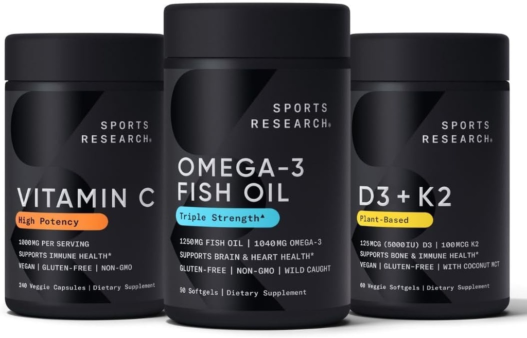 Sports Research 1250 mg Omega 3 Burpless Fish Oil - Wild Alaskan Pollock - (90 Count), High Potency Vegan Vitamin C 1000mg (240 Count) + Vegan 5000iu Vitamin D with 100mcg Mk7 Vitamin K (60 Count)