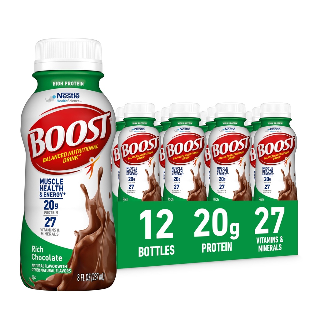 BOOST Kõrge Valgu Joogivalmis Tasakaalustatud Toitumisjook, Rikas Šokolaad, 8 FL OZ (12. pakk)