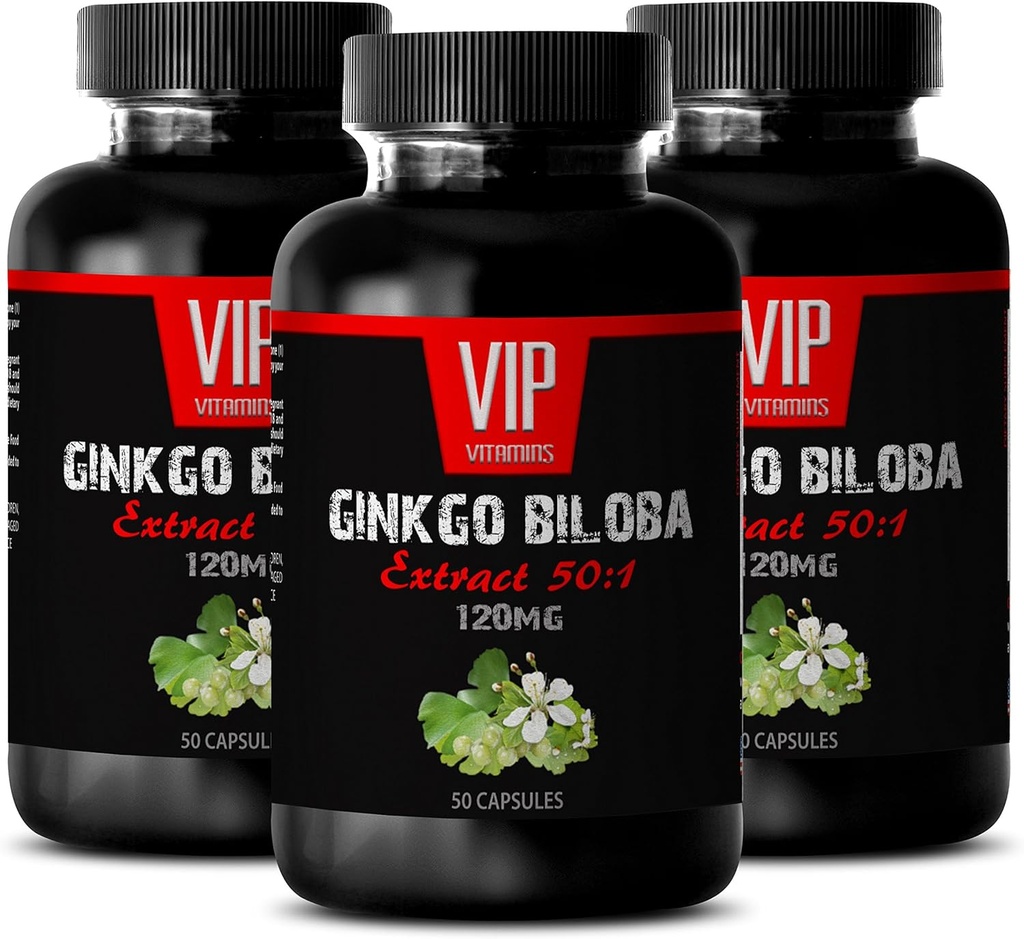 VIP VITAMINS Ginkgo biloba teismelistele - Ginkgo Biloba Leaf 120mg - tervisliku ajufunktsiooni jaoks (3 pudelit - 150 kapslit)