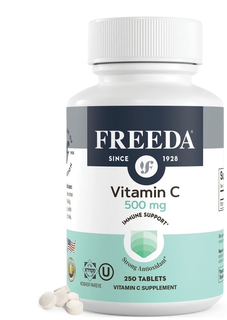 Freeda Vegan Vitamiin C 500mg - Kosher Immune Support & Antioksüdant - aitab säilitada tervislikku nahka ja juukseid, toetab raua imendumist - gluteeni, laktoosi, kunstliku maitse või värvi - 250 tabletti