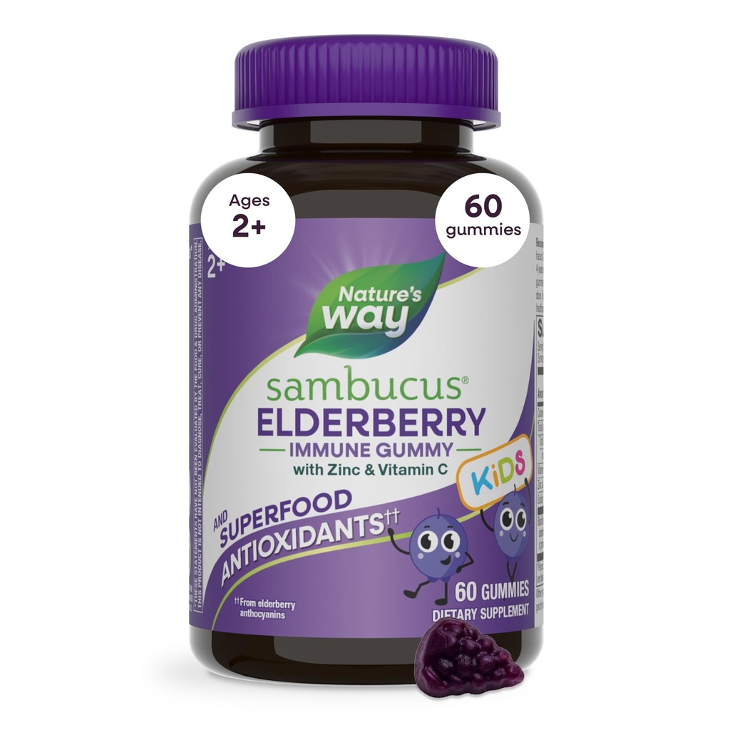 Nature's Way Sambucus Elderberry Immune Gummies for Kids, Immune Support Gummies *, Black Elderberry Extract, C-vitamiin ja tsink, 60 Gummies (pakendamine võib varieeruda)