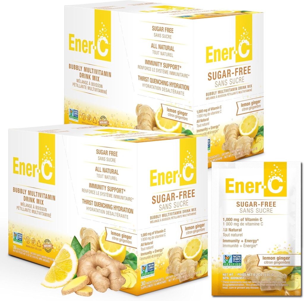 Ener-C Sugar Free Energy Sidrun Ingver Multivitamiini Jook Segu C-vitamiin 1000mg & Elektrolüüdid - Looduslik immuunsuse toetamine Real Fruit Juice Powders - Non-GMO Vegan & Gluten Free - 60 Count
