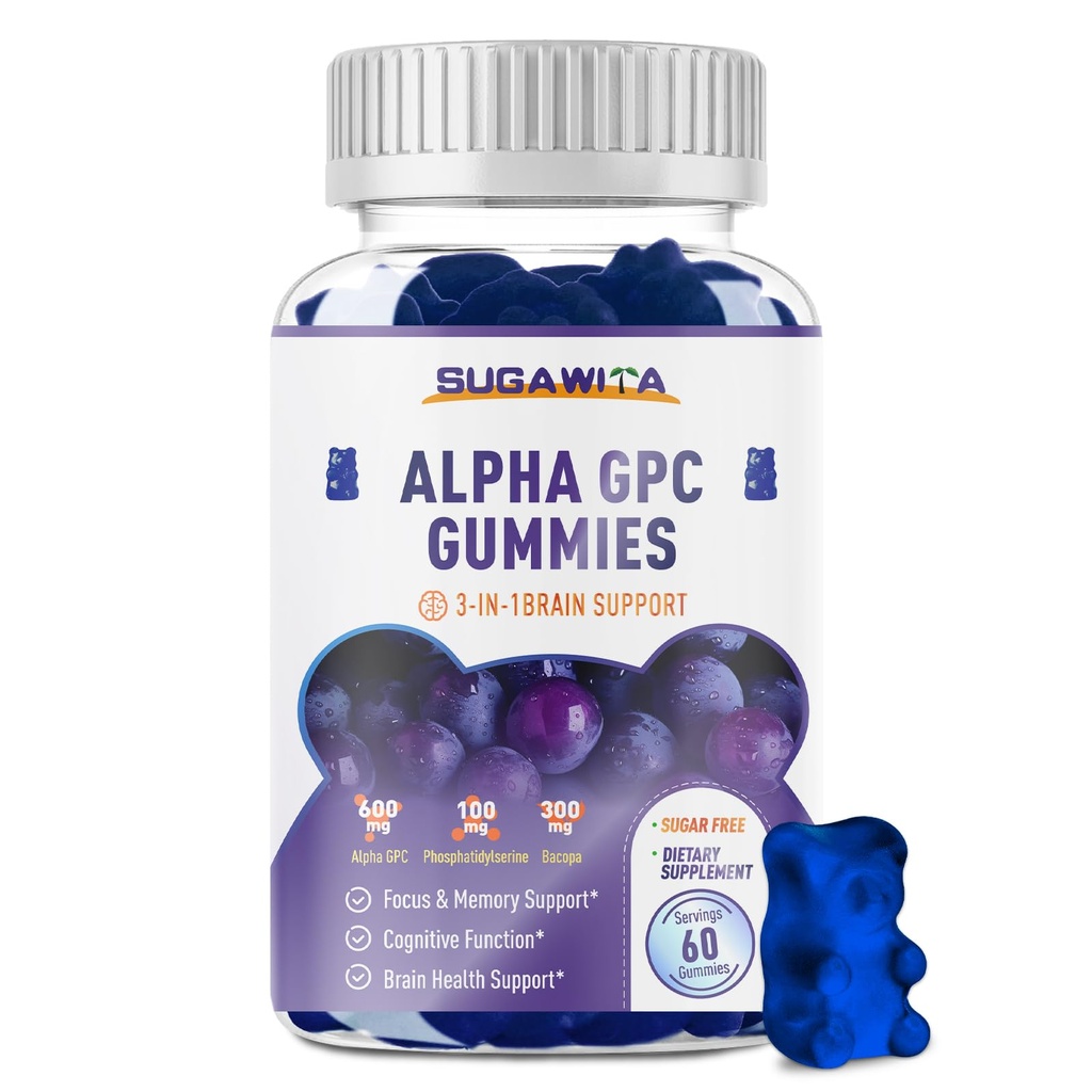Alpha GPC koliin Gummies 600mg koos fosfatidüülseriini ja Bacopa - 3-in-1 aju toetus mälule, fookusele ja pikaajalisele kognitiivsele tervisele - suhkruvaba, looduslik valem, 60 loend