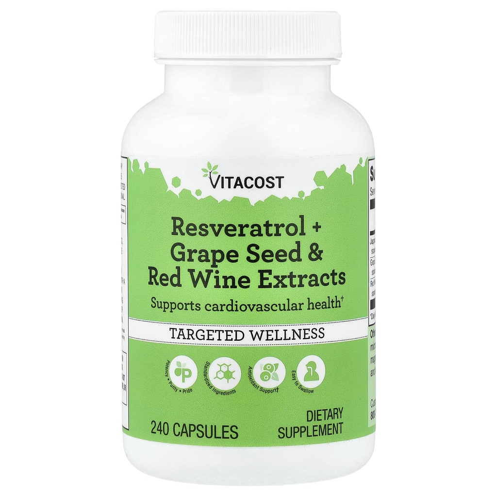 Vitacost Resveratrool + viinamarjaseemned ja punase veini ekstraktid - 240 kapslit