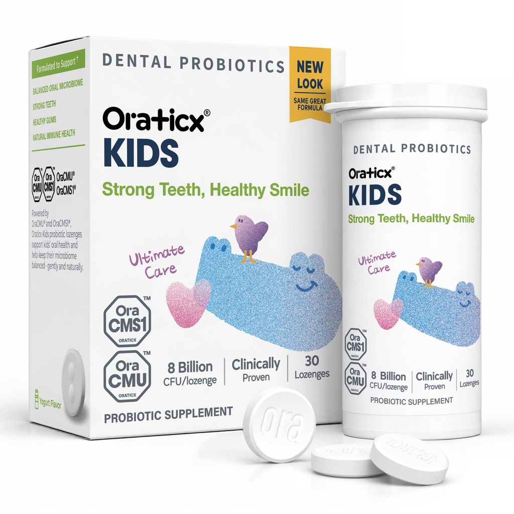 OraTicx Kids Hambaravi probiootikumid anti-Cavity + terved hambad ja igemed, 8 miljardit CFU Probiootikumid Suuõõne Tervis, Jogurt Flavor 1-PK