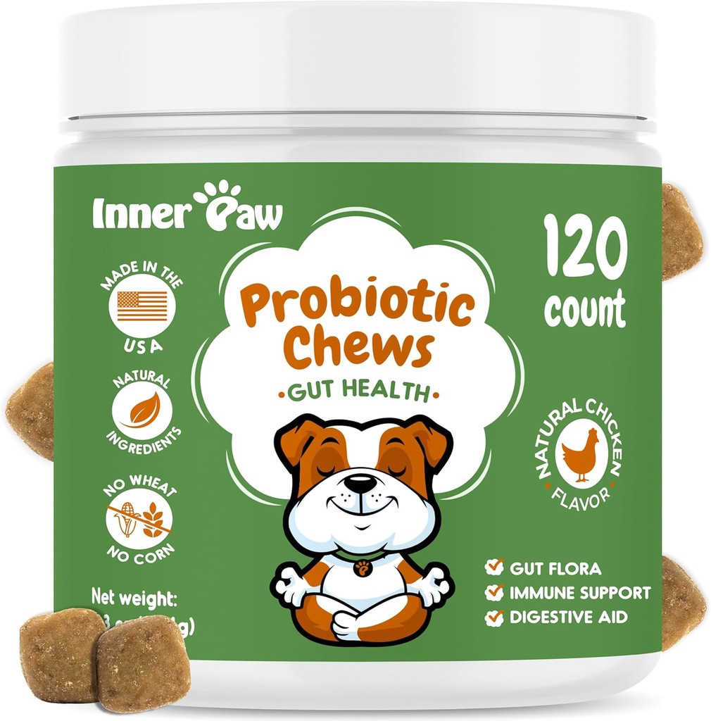 Inner Paw probiootikumid koertele, seedetrakti ensüümid ja prebiootilised valemid soolestiku tervise jaoks, koerte probiootikumid kõhulahtisuse jaoks, soole ja immuunsuse tugi, kana maitse, 120 pehmet närimist