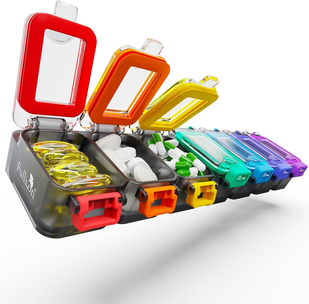 Fullicon Weekly Pill Organizer 7 päeva Ultra Niiskus ja Spill Proof Daily Pill Box, Suur Meditsiinijuhtum Turvaline Buckle, Kompaktne Reisipillide Konteiner Pill, Vitamiin Ja Kalaõli (Vikerkaare Must)