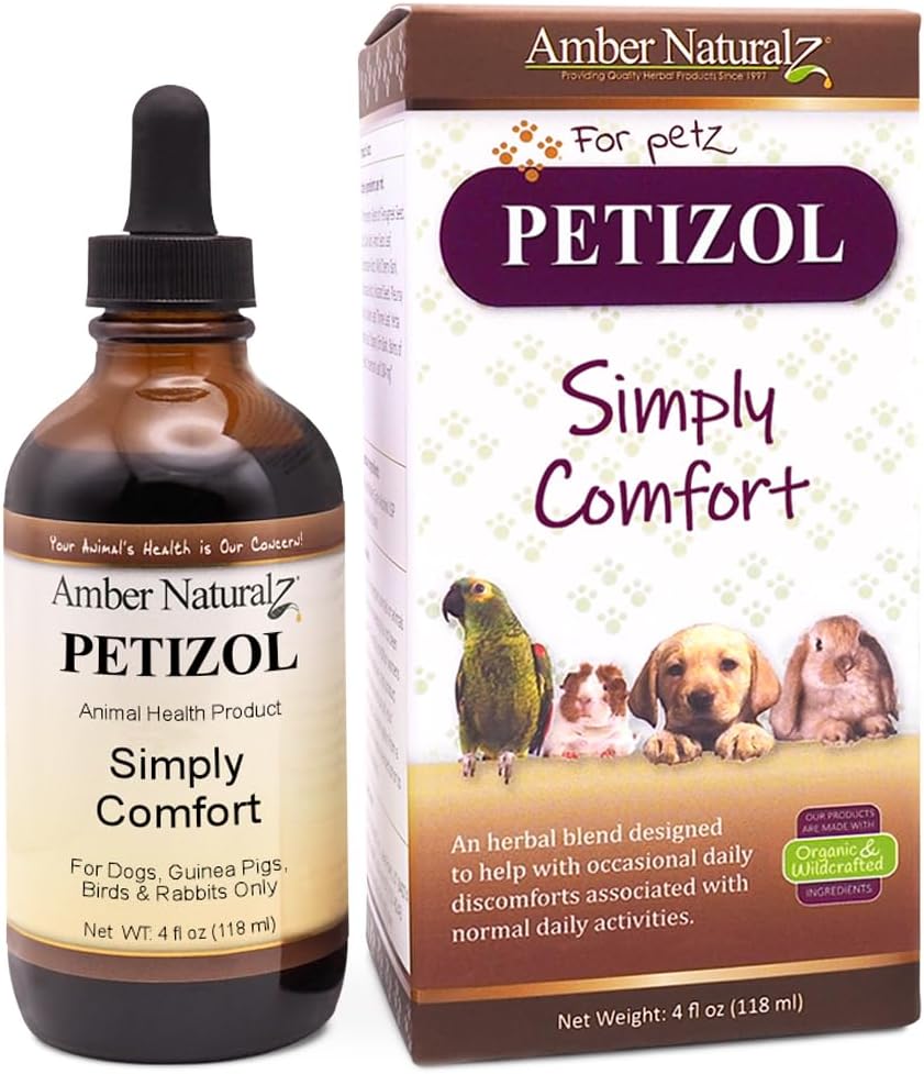 AMBER NATURALZ Petizol lihtsalt mugavus Taimne toidulisand koertele, lindudele, küülikule | Toetus juhuslikele ebamugavustele ja normaalsele kehatemperatuurile | 4 Vedelik klaaspudel | Valmistatud USA-s