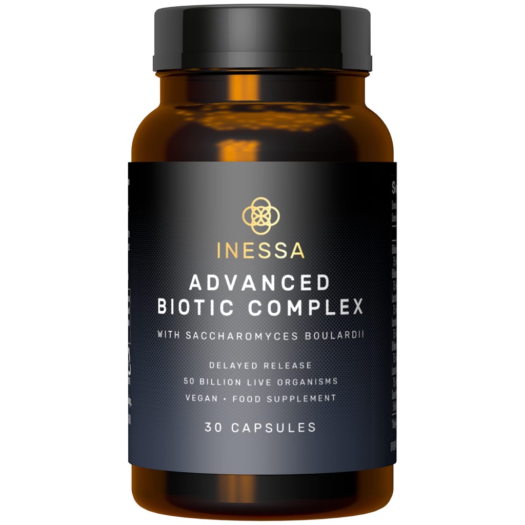Inessa Advanced Biotic Complex - 50 miljardit CFU probiootikumid naistele seeditav, soolestiku tervis hilinenud vabanemisega - 7 tüve piimapiima soja gluteeni tasuta probiootiline lisand - 30 vegankapslit meestele ja naistele
