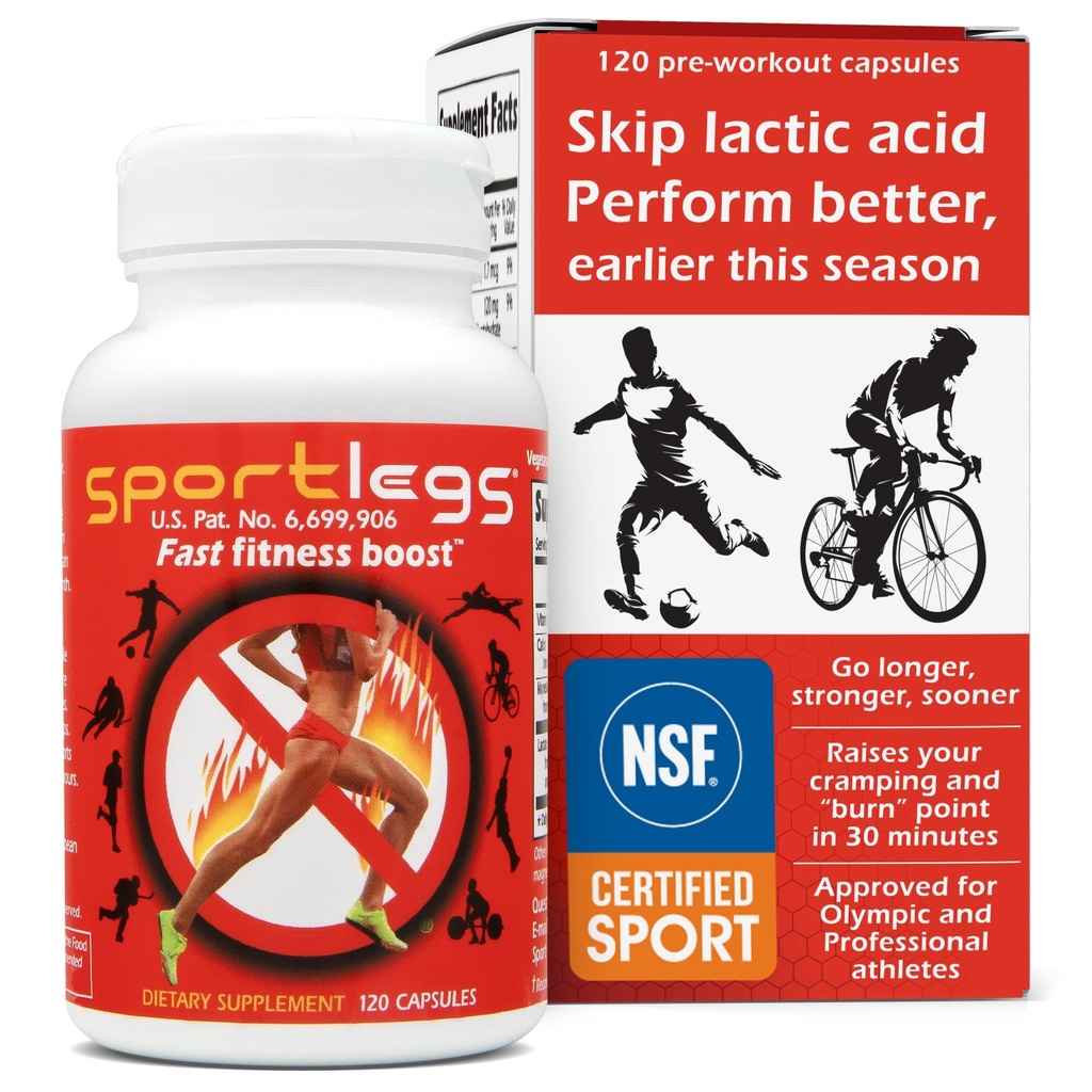 SPORTLEGS Fast Fitness Boost Pre Workout meestele ja naistele, piimhappe lisand, spordi kestvuskütus, kestvuslisandid jooksjatele - NSF sertifitseeritud sport, 120-kapsli pudel, pakend 1
