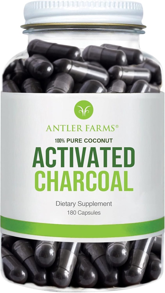 Antler Farms - 100% puhas kookospähkli aktiveeritud süsi, 180 kapslit 260mg - Wild Harvested, Virgin Coconut Shell, USP Food Grade, Aur aktiveeritud, Ultra Fine