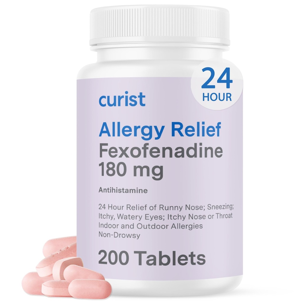 Curist Fexofenadine Hydrochloride 180mg (200 tabletti) Mitteuimas allergia ravim - 24 tundi kogu päeva allergia leevendus runny nina, sügelevad silmad ja kõri - Allergia leevendus tabletid (200 loend)