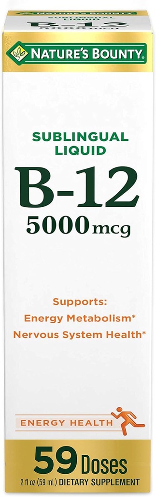 Nature’s Bounty Vitamin B12 5000 mcg Sublingual Liquid, Cardiovascular Health & Cellular Energy Support, 2 Fl Oz (1 Count)