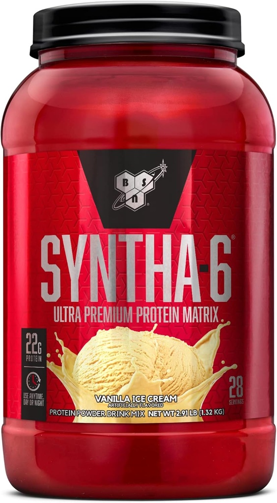 BSN SYNTHA-6 vadakuvalgu pulber, vaniljepiim isolaatvalgu pulber koos micellar kaseiiniga, jäätis, 28 serveerimist (pakend võib varieeruda)