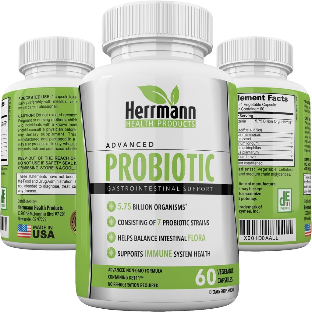 Probiootikumid Herrmann Health Products | Probiootikum meestele ja naistele | kõrge potentsi 7 tüve valem | 5,75 miljardit organismi kapsli kohta | Mitte-GMO Koosneb DE111TM | GMP sertifitseeritud 60 kapslit