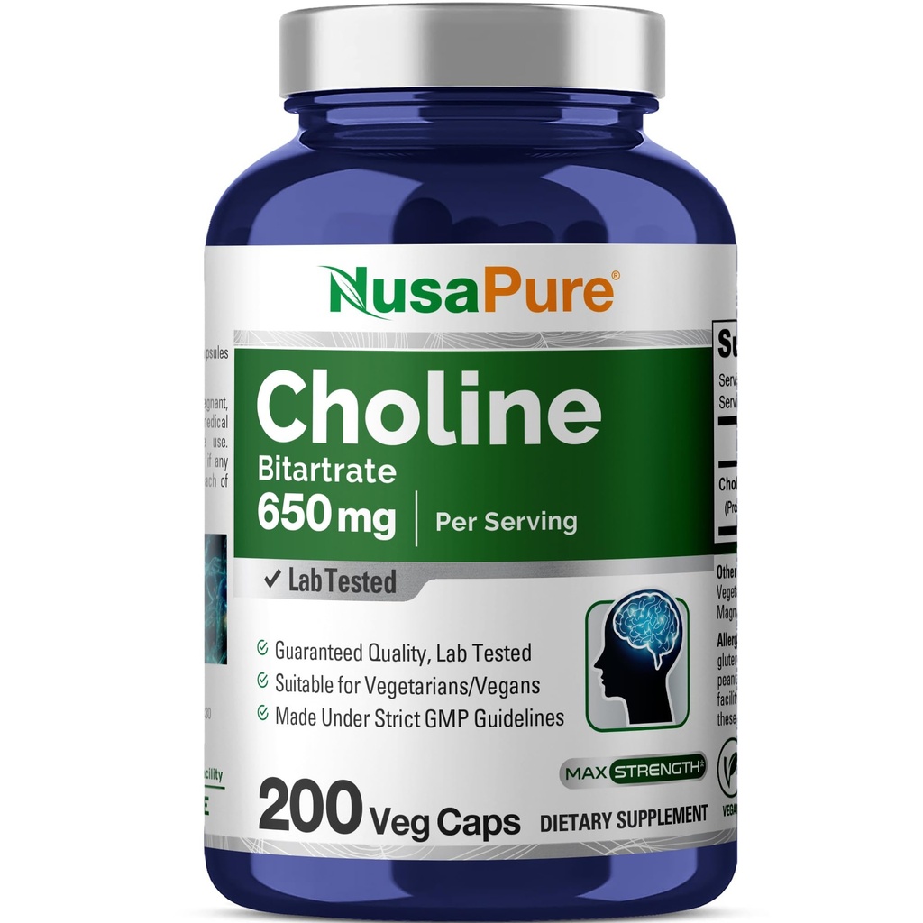 NusaPure koliinbitartraat 650 mg 200 köögiviljakapslid (taimne, mitte-GMO, vegan)