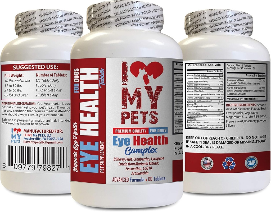 I LOVE MY PETS LLC Dog Eye Supplement - Dog Eye Health Complex - Premium Formula - Vet Recommended - Dog Lutein - 1 pudel (60 ravimit)