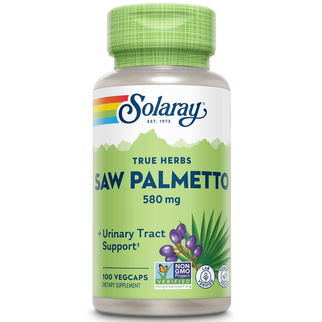 SOLARAY Saw Palmetto Berry 580 mg, tervislik eesnäärme ja kuseteede tugi rasvhapetest ja taimsetest steroolidest meestele ja naistele, mitte-GMO, Vegan & Lab Verified, 100 VegCaps, 100 Servings