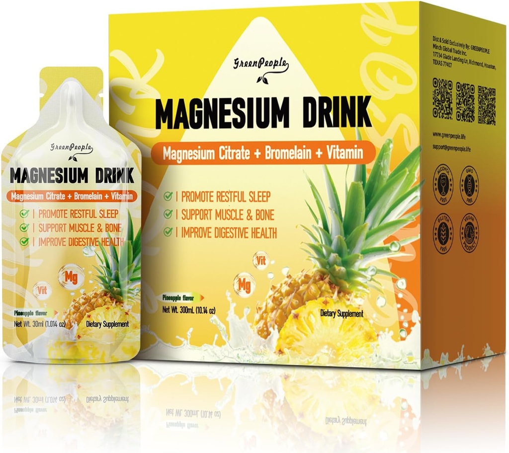GREENPEOPLE 7-in-1 Magneesiumtsitraat Vedelik, magneesiumtsitraat Toidulisandid Jook 280mg Magneesium, Tsink, Bromelain, C-vitamiin D3 B6, Lihas- ja unetoetus lastele ja täiskasvanutele, 1 fl.Oz (10Pcs)