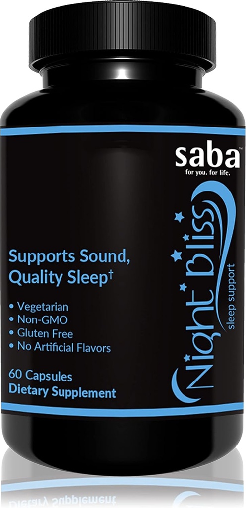 Saba Night Bliss Natural Sleep Aid | Non-Habit Forming | Sleep Supplement for Longer Sleep & Stress Relief w/Magnesium, Melatoniin, GABA, Kummel & Valerian (60 Vegan Kapslit, 30 päeva varu)