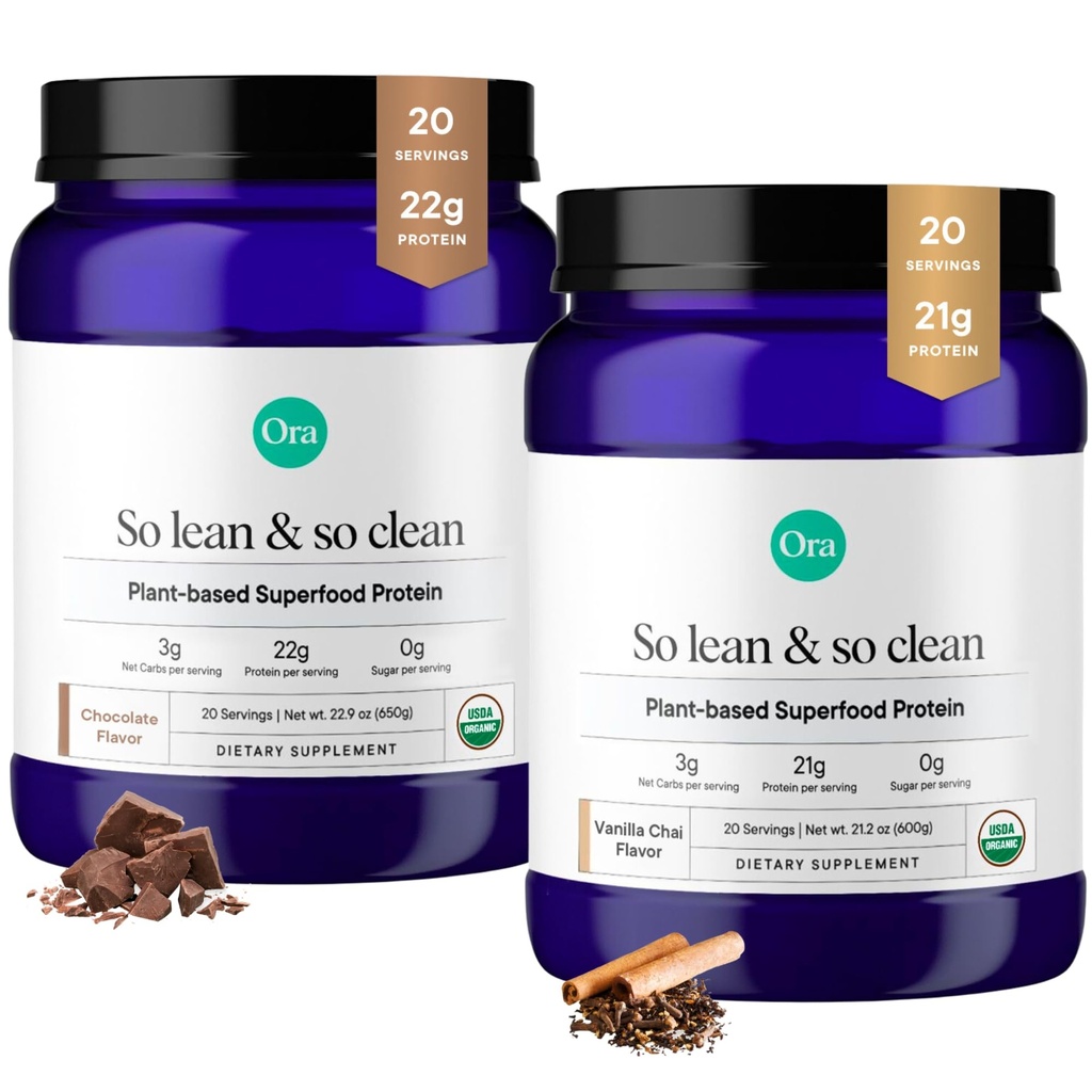 Ora Organic Vegan Protein Powder Vanilla Chai & Chocolate Bundle: 21g Taimne Valgu Powder, Vanilla Chai Maitse, 20 Servings + 22g Taimne Valk, Šokolaadimaitse, 20 Servings