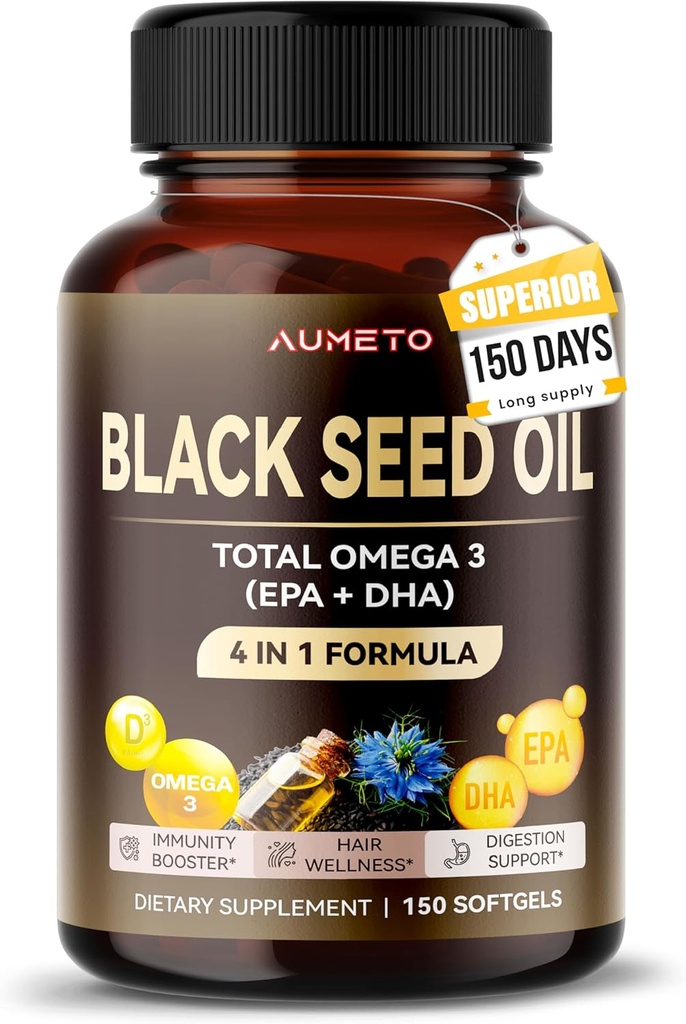 Orgaaniline musta seemne õli - 150 Softgel - 100% külmpressitud Omega 3 allikas (EPA + DPA) - nahk, juuksed, immuunsuse tugi (150 loend (pakk 1))