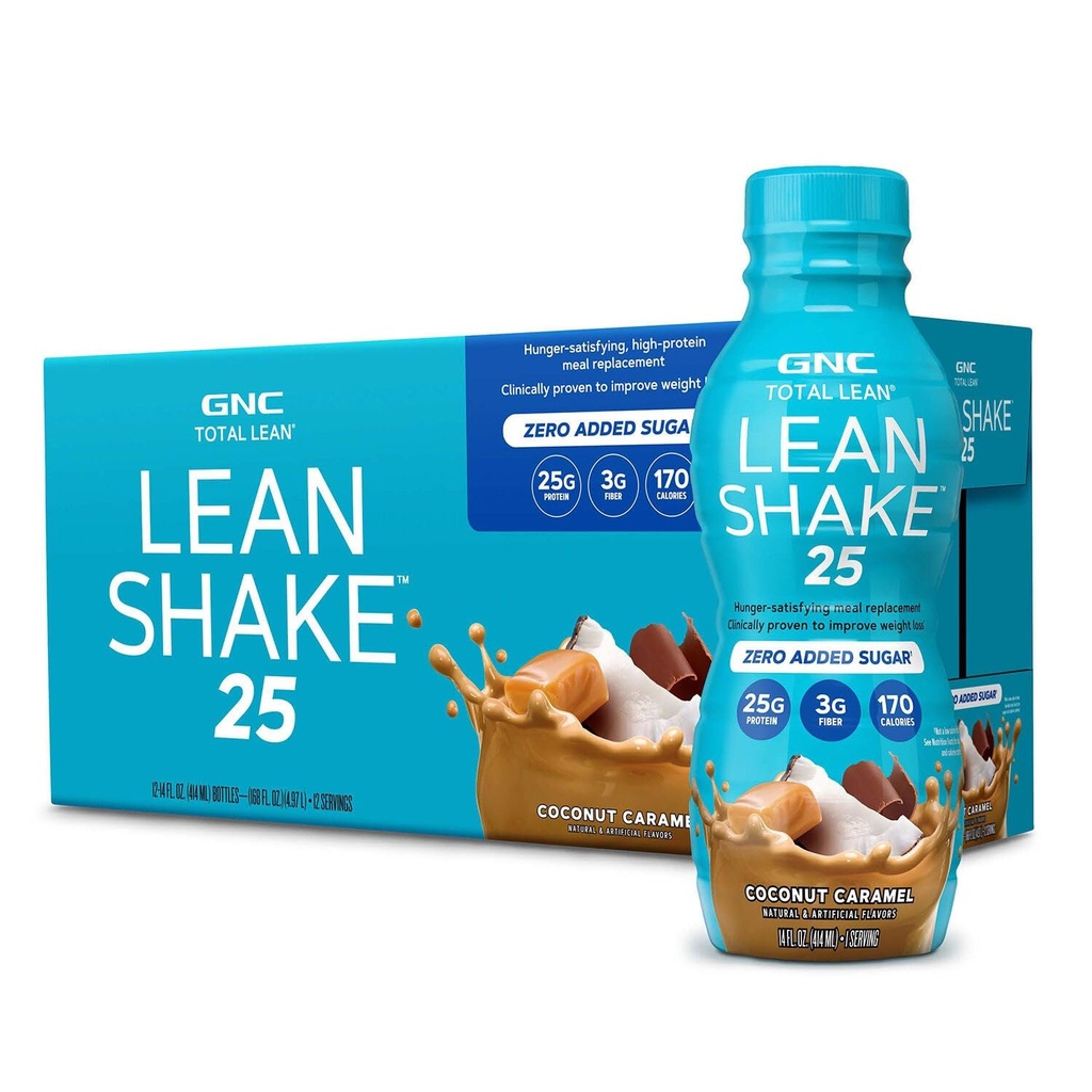 GNC Lean Shake 25 valgu raputamine, kliiniliselt tõestatud kehakaalu reguleerimine, toidu asendamine, 25 g valku nulllisandiga suhkruga, valmis jooma, kookospähkli karamell, pakend 12