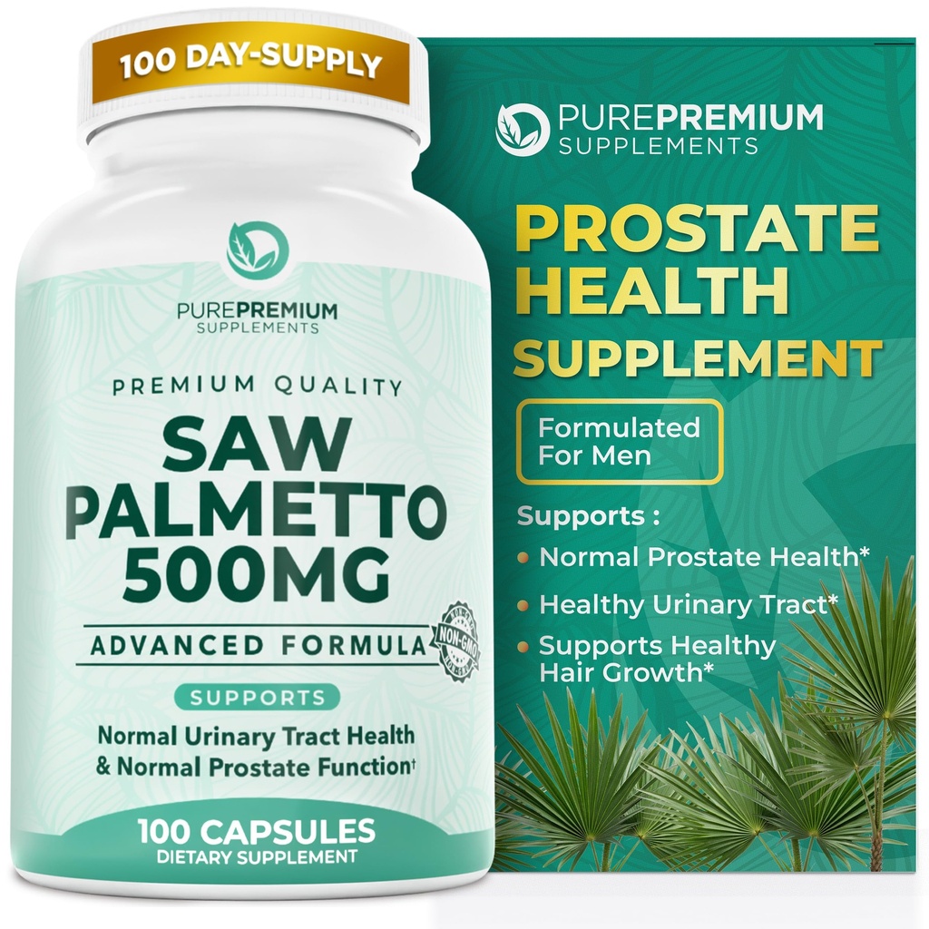 PurePremium Saw Palmetto 500 mg meestele / naistele - maksimaalne tugevus Saw Palmetto ekstrakt | Pulberkapslite täiendus - normaalse kuseteede toetamine, eesnäärme tervis / käed - 3 kuud pakkumine - 100 Tabletid