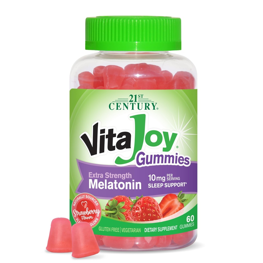 21st Century Healthcare VitaJoy Extra Tugevus Melatoniin 10 mg Gummies, maasikas, 60 krahv, punane, 0,43 naela, (pakk 1)