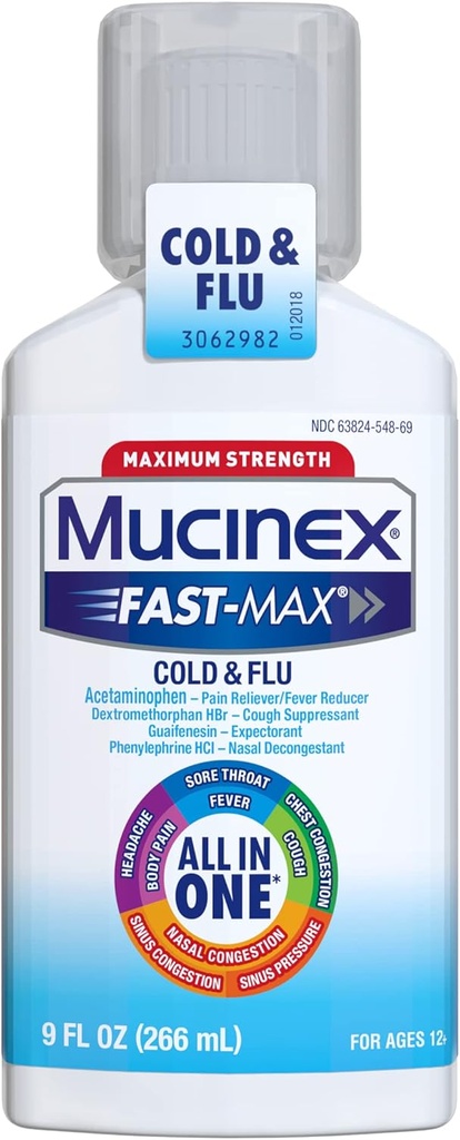 Mucinex Fast-Max Maksimaalne tugevus All-in-One Cold & Flu, 9 oz pudel, kasutamiseks peavalude, kehavalu, valulike ohtude, palavike, rindkere ummistuste, köha, nina / kõhukinnisuse ja siinusrõhu korral