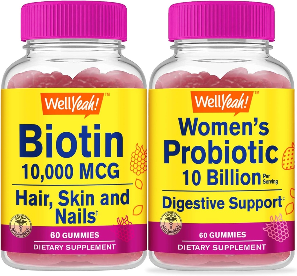 Well yeah kõrge potentsiga biotiin + probiootikumid Naised 10B CFU, Gummies Bundle - suurepärane maitse, vitamiinilisand, Gluteenivaba, GMO-vaba, närimiskumm