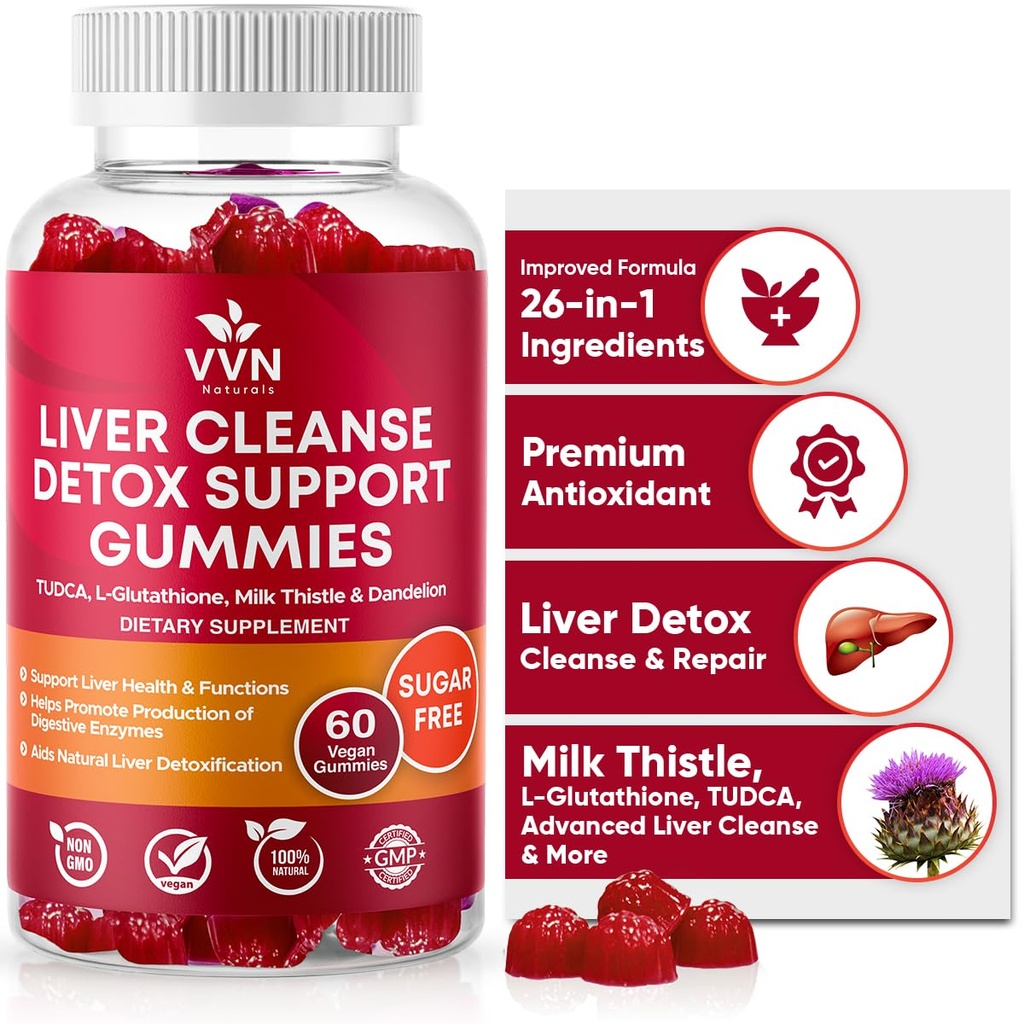 VVNaturals Sugar-Free 26-in- 1 Maks Puhasta Detox & Remont Rasvmaksa vormel Gummies; 3000mg Glutatiooni, Silimariini Piimaohakas, Koliin, TUDCA | Maks Detox Gummies - 60 Vegan Ct