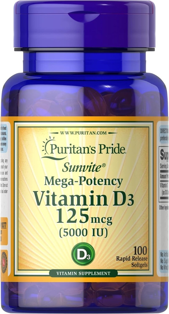 Puritan's Pride Vitamiin D3, 5000 IU, 100 Count