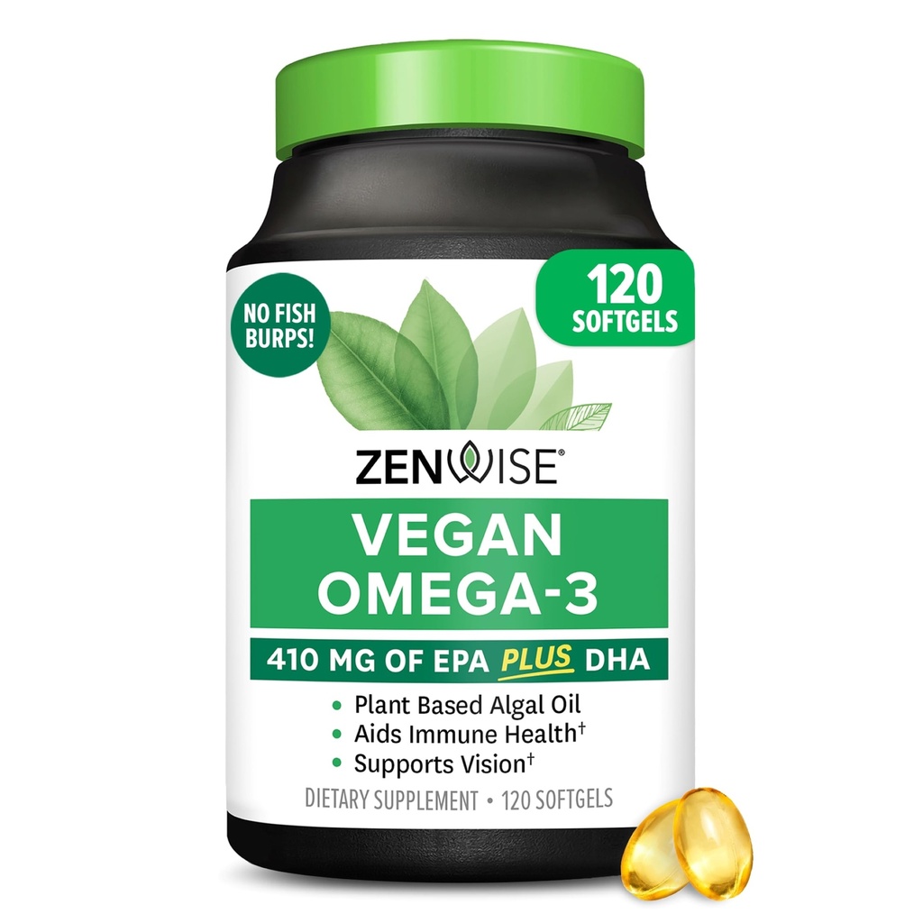 Zenwise Health Vegan Omega 3 täiendus - habemetu Omega 3 täiendus koos DHA, EPA ja DPA rasvhapetega immuunsüsteemi tervise jaoks - kalaõli alternatiiv jätkusuutlikult hangitud merevetikaõli - 120 softgels