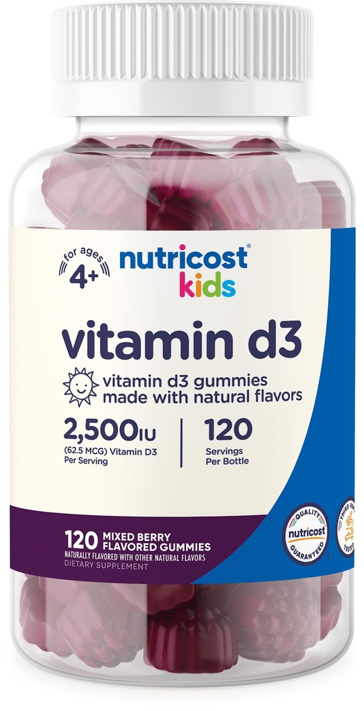 Toitainete lapsed D3-vitamiini kummikud 2500 IU (62,5 mikrogrammi), 120 Gummies - segatud marjamaitseline
