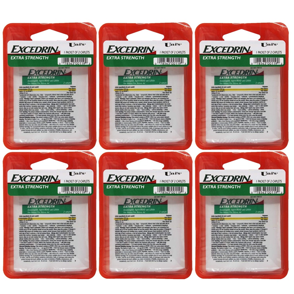 Uni Excedrin Extra Tugevus 6 Loe üksikannuse leevendamist 2 kapslit igas pakendis. Aitab leevendada peavalu, hambavalu, seljavalu, menstruaalkrampe, tavalist külma ja lihasvalu.