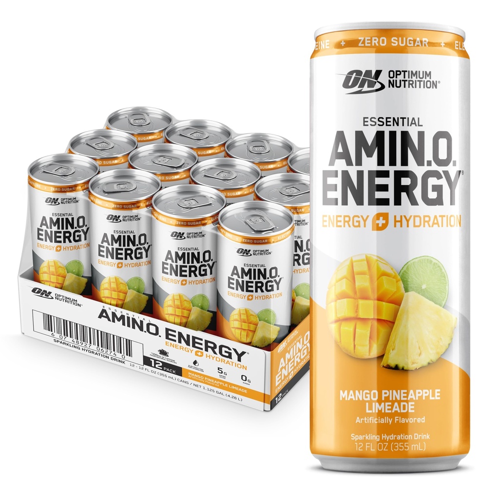 Optimaalne toitumine Amino Energy Sparkling Hüdrastusjook, elektrolüüdid, kofeiin, aminohapped, BCAA-d, suhkruvaba, Mango Ananass Limeade, 12 Fl Oz, 12 Pack (pakendamine võib varieeruda)