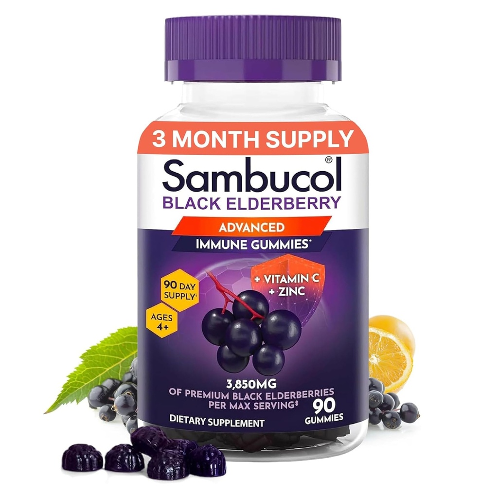 Sambucol Elderberry Gummies täiskasvanutele C-vitamiiniga; Tsink; Sambucus Elderberry Gummies immuunsuse toetamiseks kõrgete antioksüdantidega; Gluteenivaba; Vegan; 1 Gummy per Serving; 90 loend (90 päeva pakkumine)