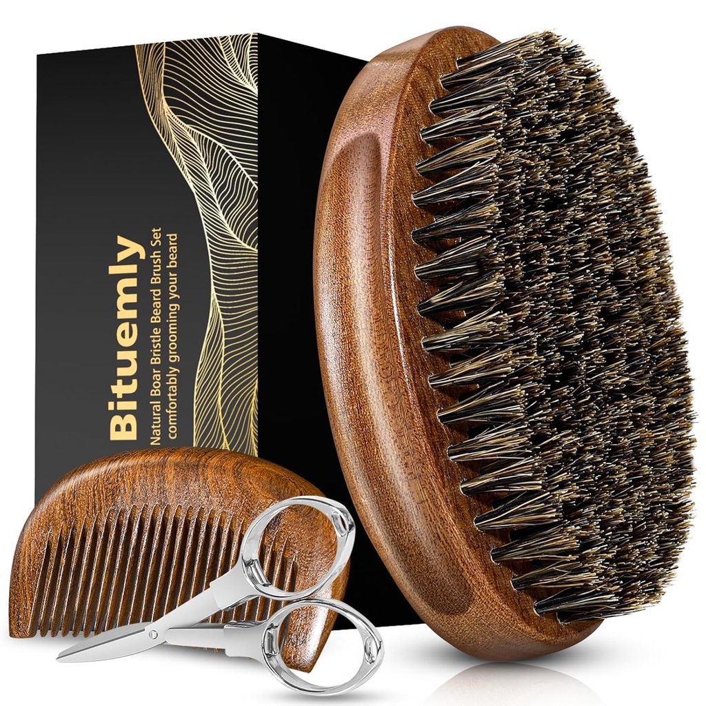 Habemepintslid, looduslikud metssiga harjad meestele ja puidust Sandalwood Pocket Beard Comb komplekt, näohoolduskomplekt koos mustškääridega kui stiilne tööriist, kasv, detangles, sära